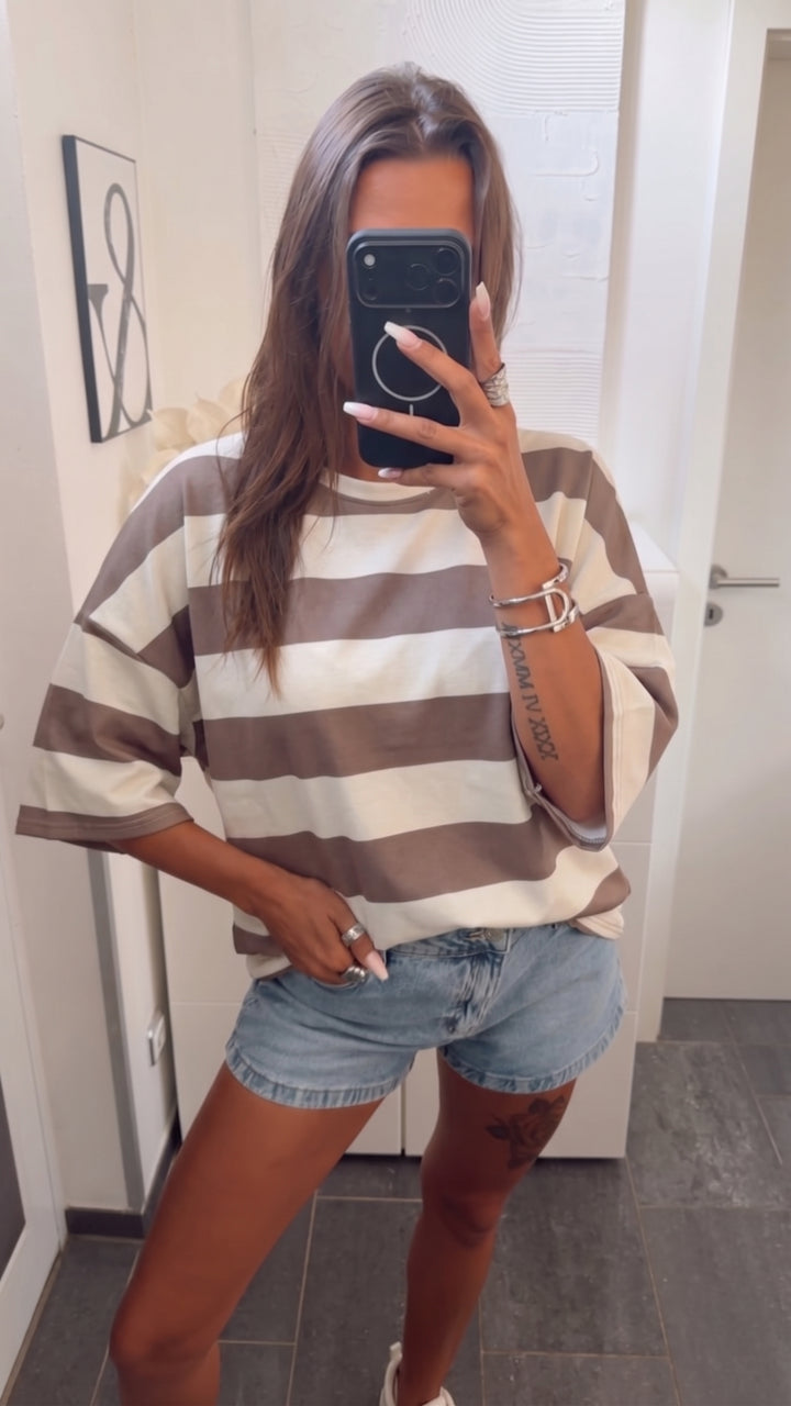 Oversize Butterstoff Shirt mit STREIFEN / creme - taupe Art. 15883