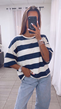 Oversize Butterstoff Shirt mit STREIFEN / weiss - marine blau Art. 15886