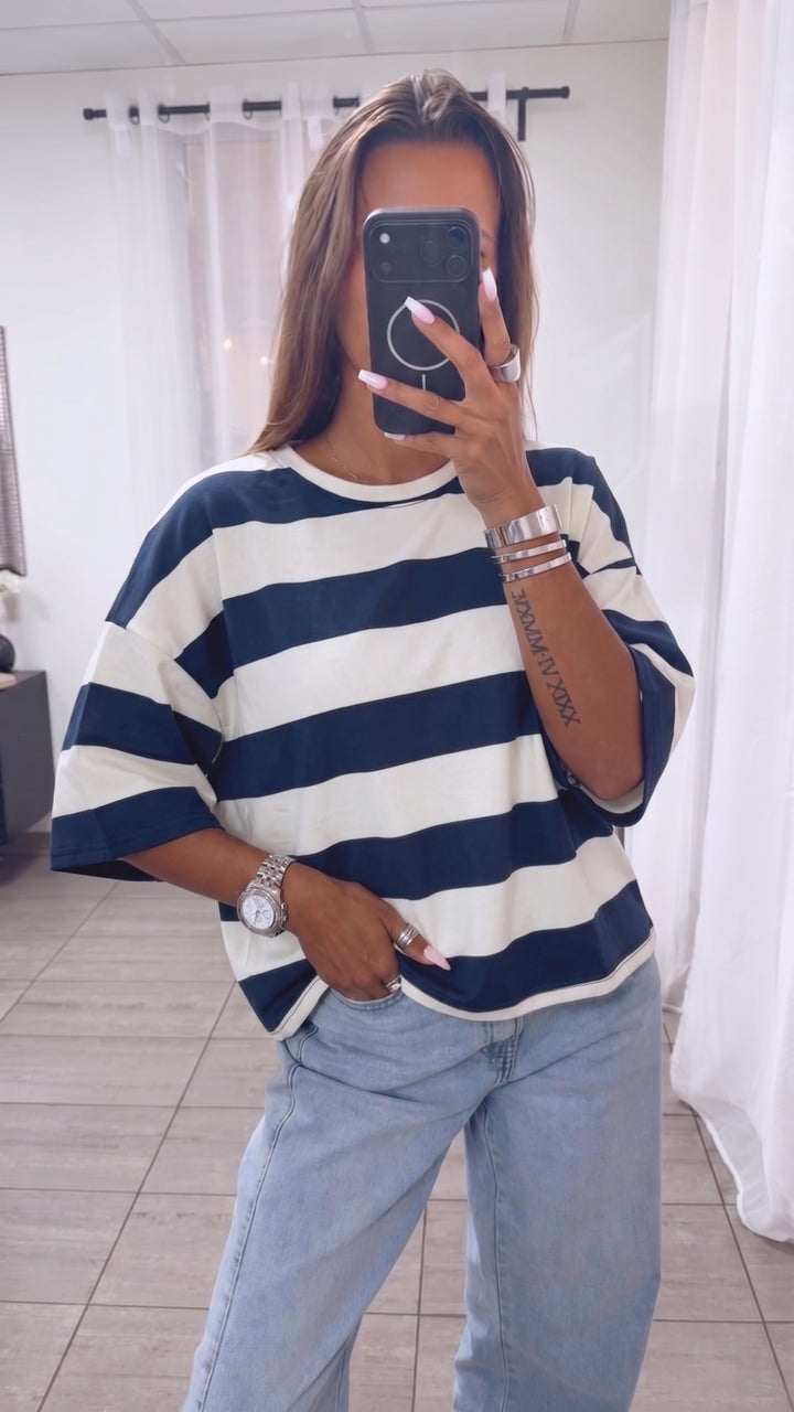 Oversize Butterstoff Shirt mit STREIFEN / weiss - marine blau Art. 15886