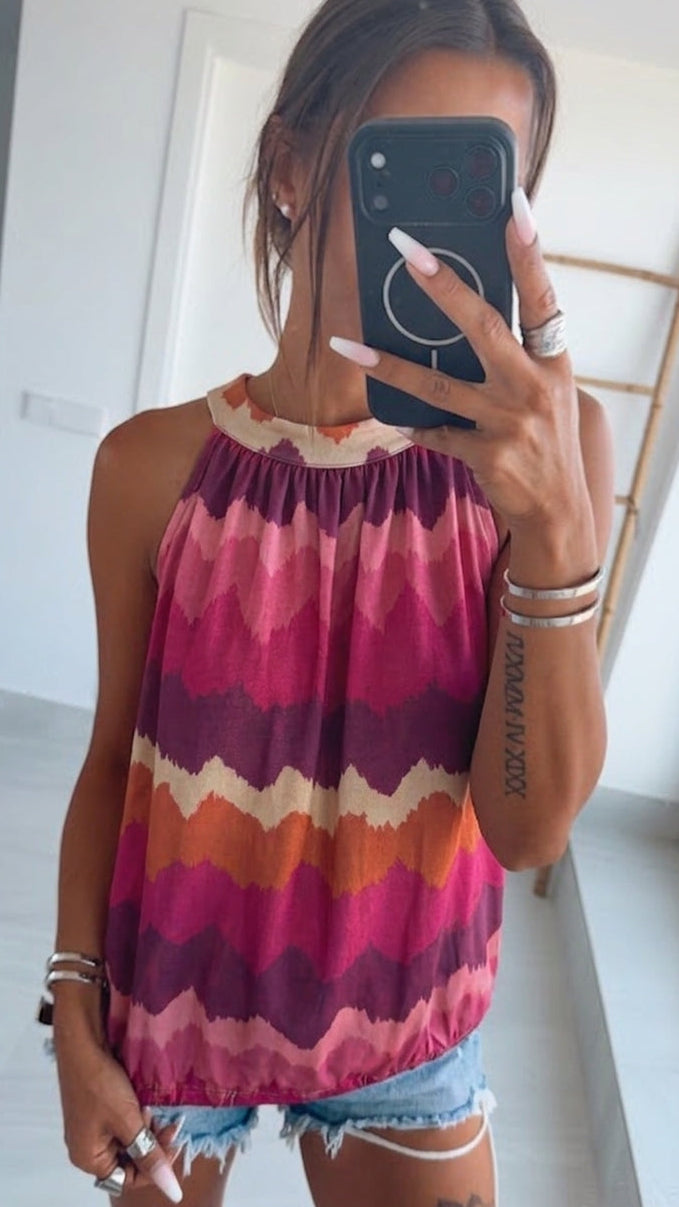 HORIZONT Muster ärmelloses Top / magenta - aubergine - rosa - creme - rost Art. 15727