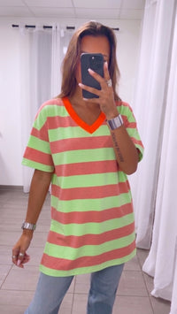 STREIFEN Oversize Long Sweatshirt / Kleid, teifer V-Ausschnitt / neon grün - beere - neon orange Art. 15862