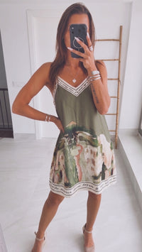 KURZ MEDITERRAN Style luftig leichtes Kleid, dünne Träger / khaki Art. 15986