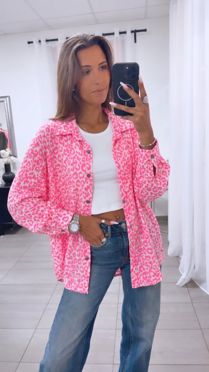 LEO KURZE Oversize Musselin Bluse / weiss - neon pink Art. 13763