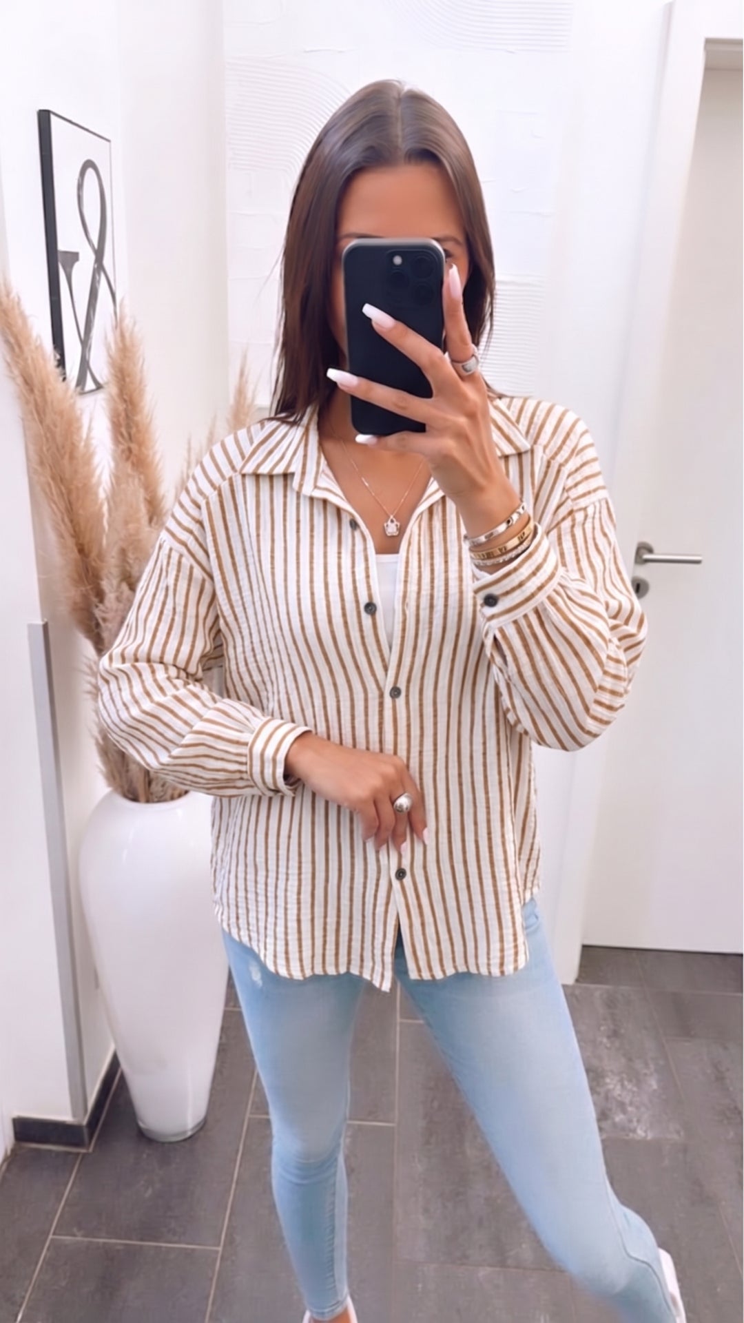 KURZE Oversize Musselin Bluse mit Streifen / Cappuccino verwaschen - weiss Art. 15589