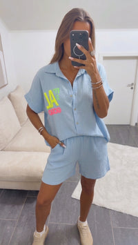 MUSSELIN Kurzarm Bluse " It´s all good " / hell blau Art. 15767