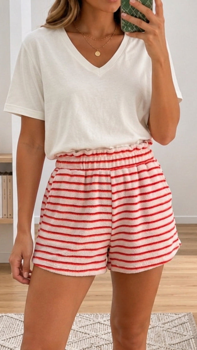STREIFEN Frottee Optik Shorts / weiss - rot - neon orange Art. 15817