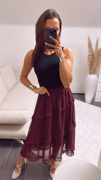 CHIFFON mittellanger Volant Rock, PUNKTE / bordeaux rot - schwarz Art. 15591