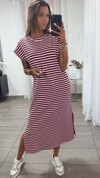 GESTREIFTES MIDI T-Shirt Kleid / rosa - bordeaux rot Art. 15384