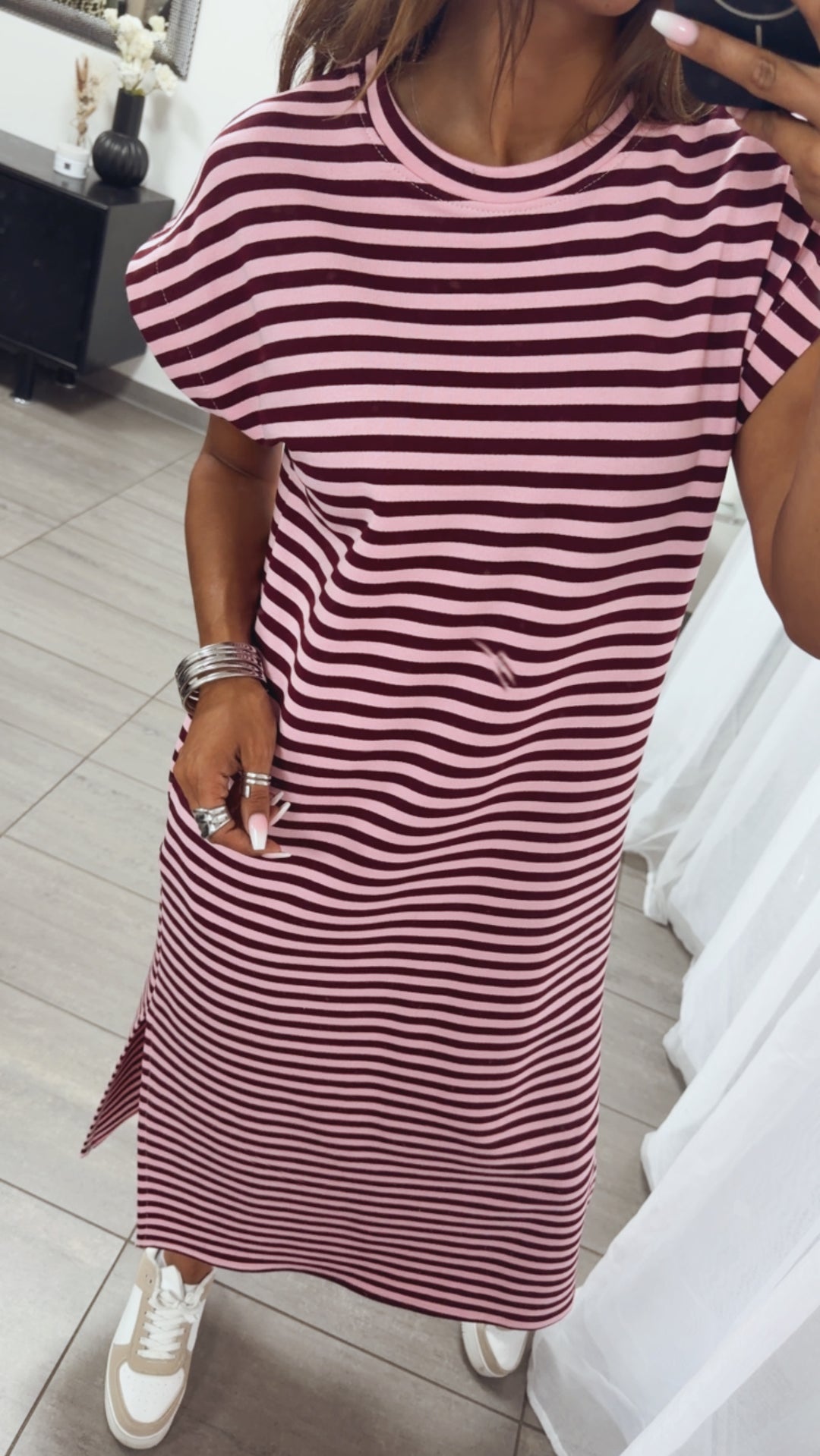 GESTREIFTES MIDI T-Shirt Kleid / rosa - bordeaux rot Art. 15384