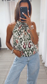 IKAT Look ärmelloses Top / weiss - salbei - rosa - beige Art. 15340