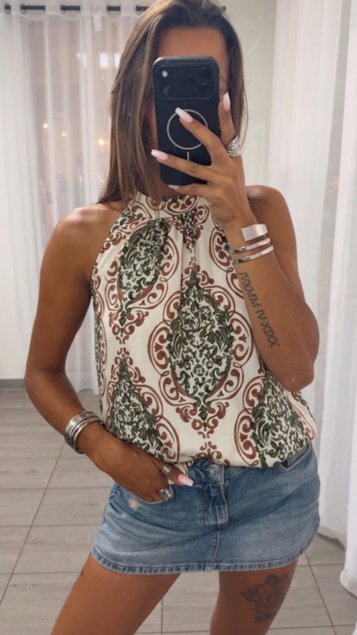OPULENTES Muster ärmelloses Top / creme - khaki - braun Art. 15329