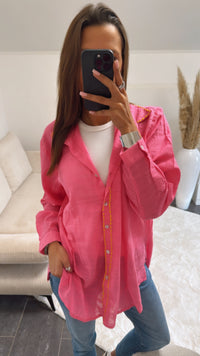 Baumwoll Bluse mit farblich abgesetzter Naht / pink - gelb Art. 8837