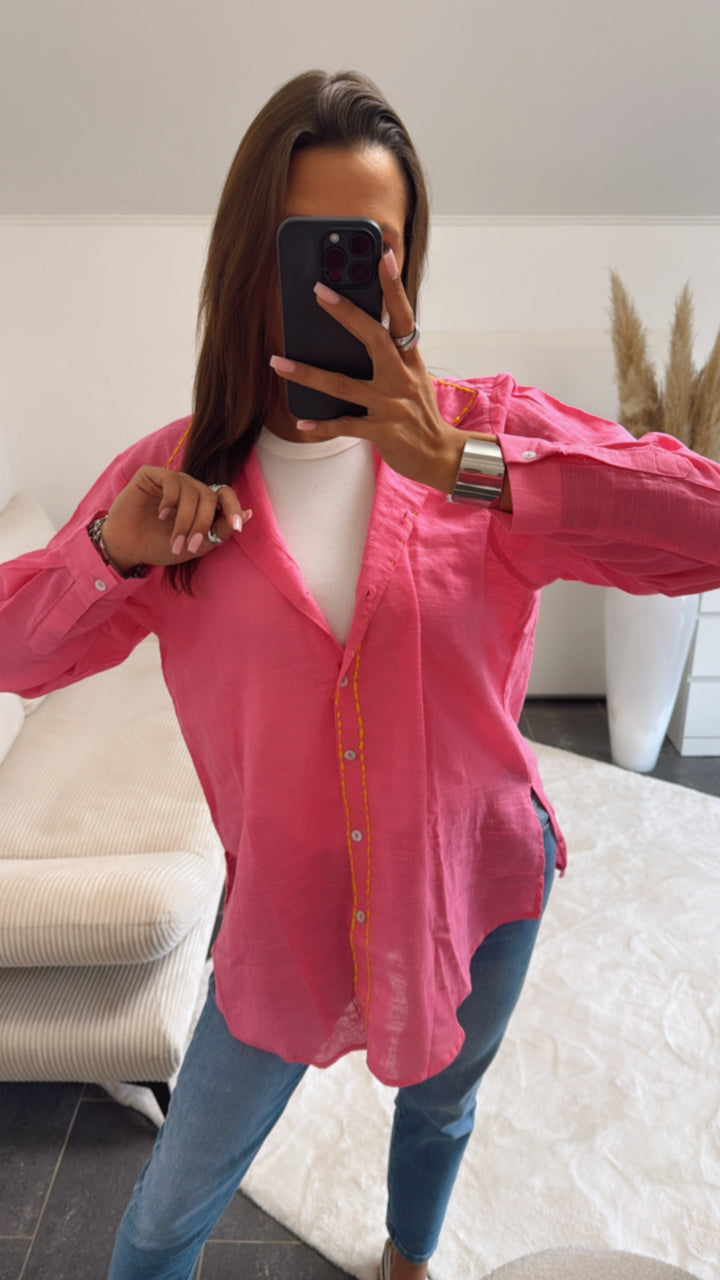 Baumwoll Bluse mit farblich abgesetzter Naht / pink - gelb Art. 8837