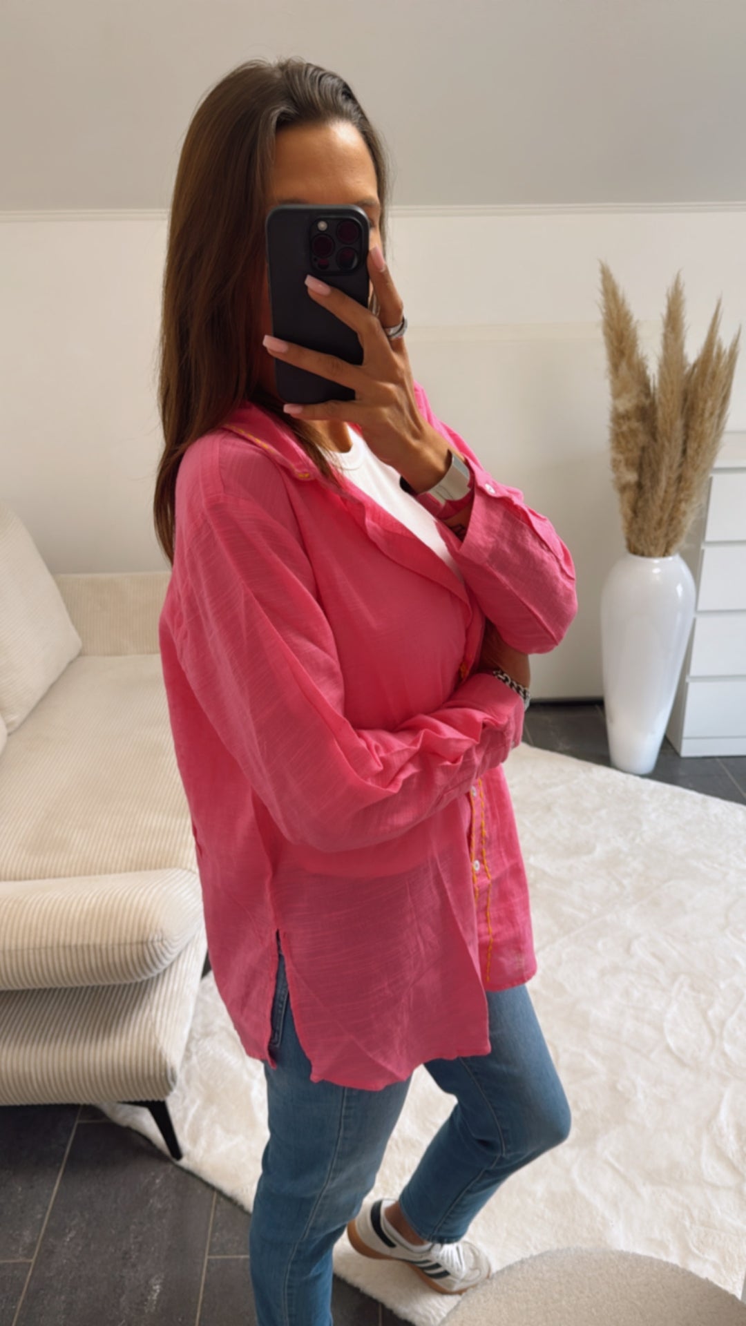Baumwoll Bluse mit farblich abgesetzter Naht / pink - gelb Art. 8837