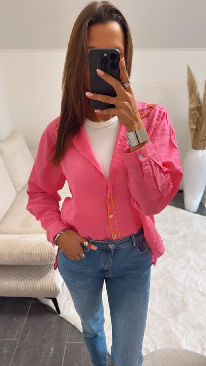Baumwoll Bluse mit farblich abgesetzter Naht / pink - gelb Art. 8837