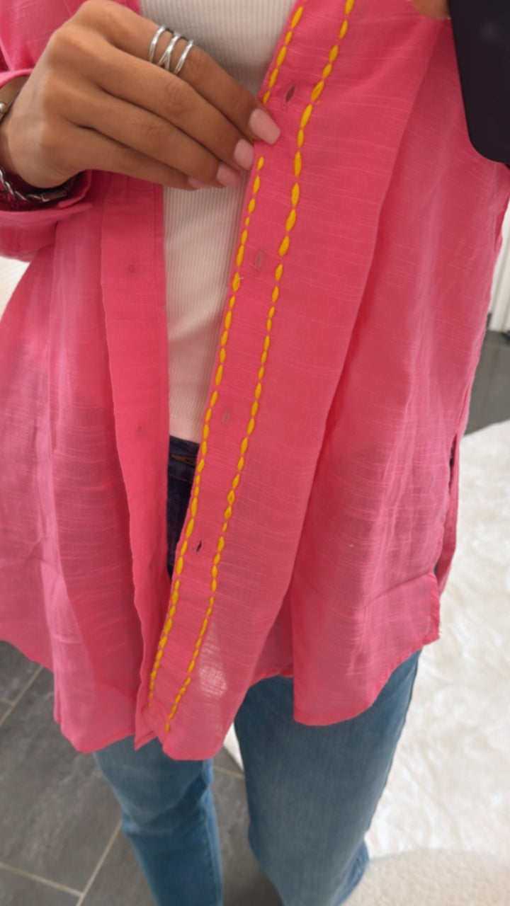 Baumwoll Bluse mit farblich abgesetzter Naht / pink - gelb Art. 8837