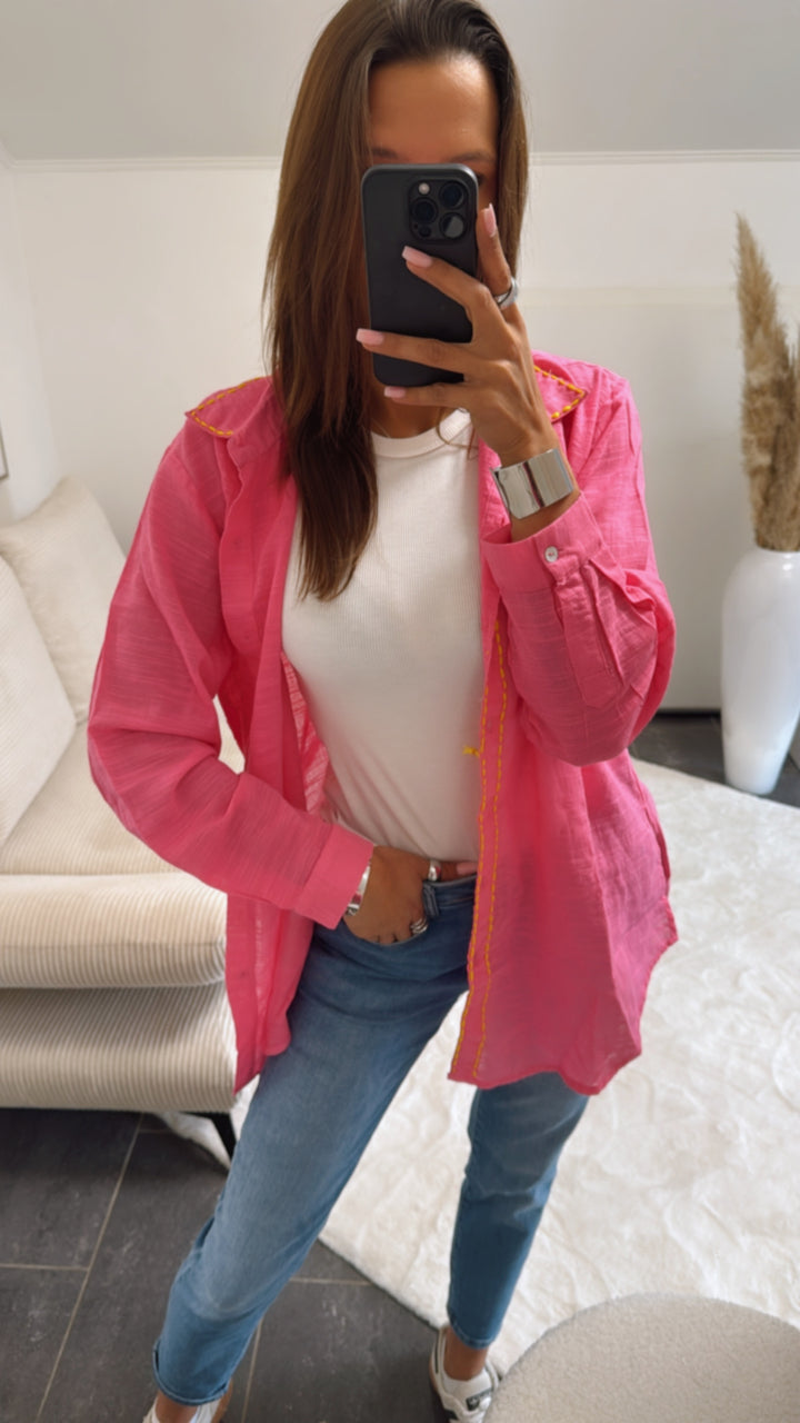 Baumwoll Bluse mit farblich abgesetzter Naht / pink - gelb Art. 8837
