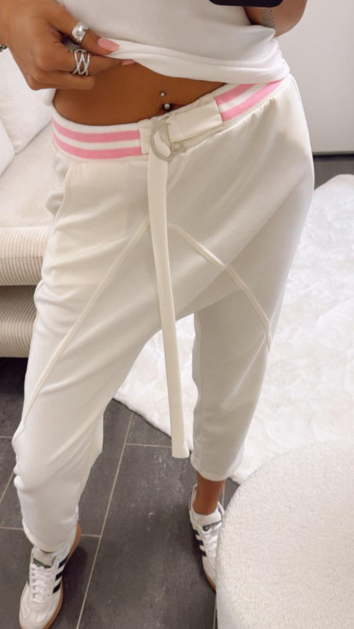 Jogger Hose mit tiefem Schritt, gestreifter Bund / creme - pink Art. 9417