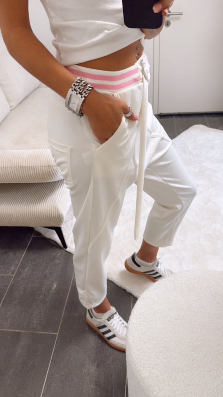 Jogger Hose mit tiefem Schritt, gestreifter Bund / creme - pink Art. 9417