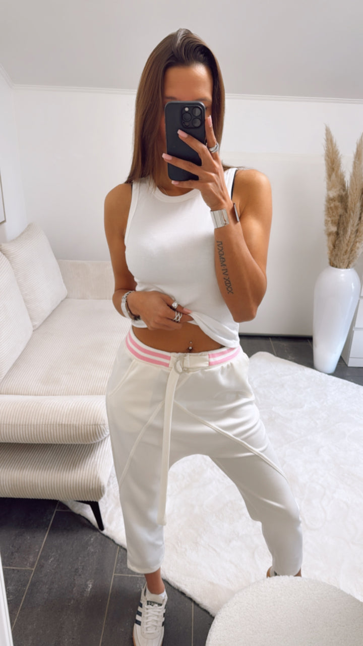 Jogger Hose mit tiefem Schritt, gestreifter Bund / creme - pink Art. 9417