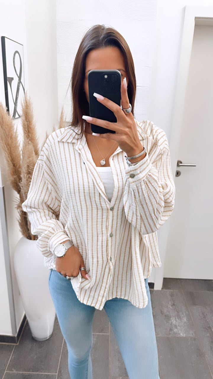 KURZE Oversize Musselin Bluse mit Streifen / weiss - beige Art. 5733