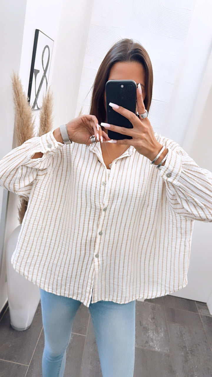KURZE Oversize Musselin Bluse mit Streifen / weiss - beige Art. 5733