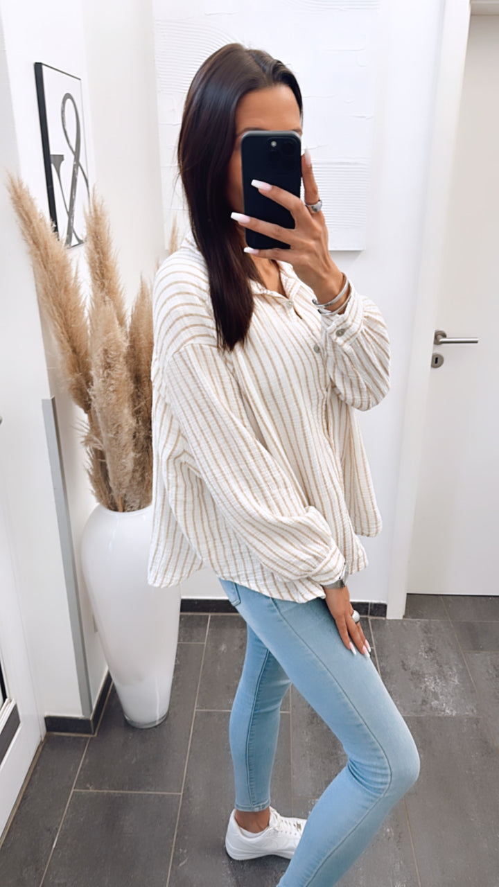 KURZE Oversize Musselin Bluse mit Streifen / weiss - beige Art. 5733