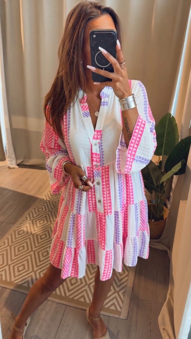 Musselin Kleid / Tunika mit Muster / weiss - Flieder - Neon pink Art. 15258
