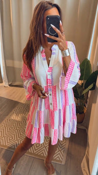 Musselin Kleid / Tunika mit Muster / weiss - Flieder - Neon pink Art. 15258