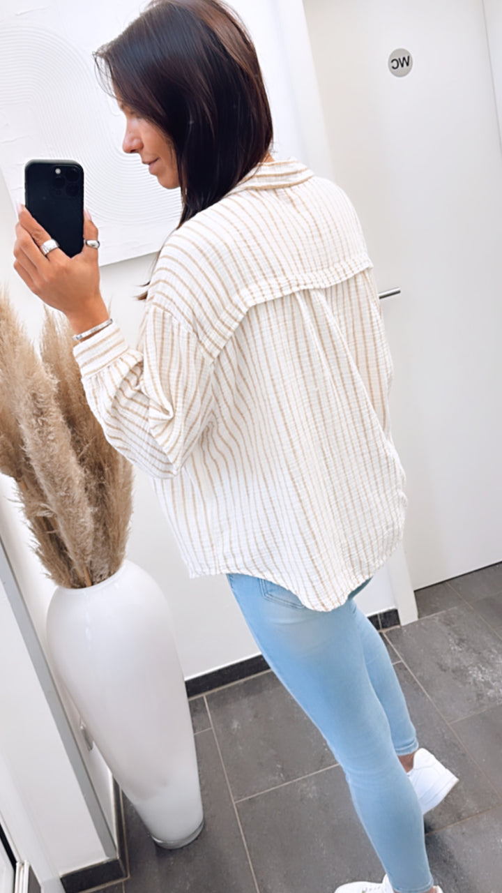 KURZE Oversize Musselin Bluse mit Streifen / weiss - beige Art. 5733