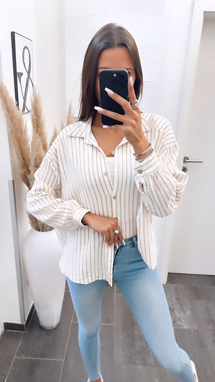 KURZE Oversize Musselin Bluse mit Streifen / weiss - beige Art. 5733