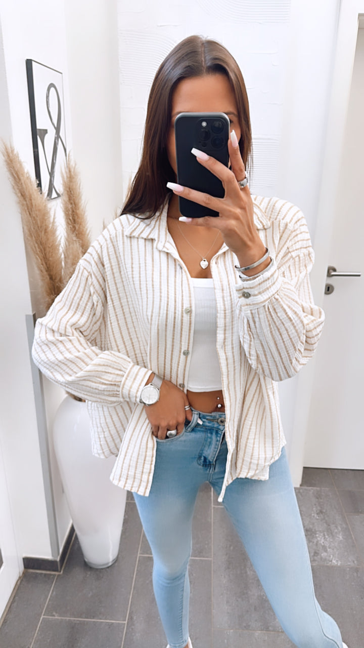 KURZE Oversize Musselin Bluse mit Streifen / weiss - beige Art. 5733