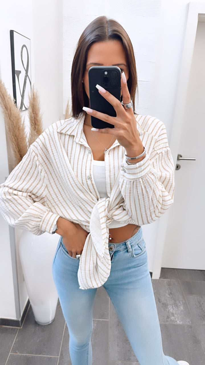 KURZE Oversize Musselin Bluse mit Streifen / weiss - beige Art. 5733