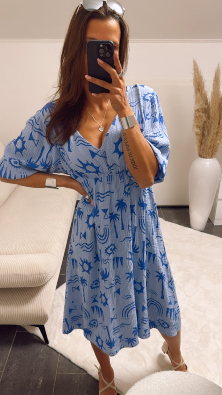 (Midi-) Musselin Kleid mit Palmen / blau Art. 9390