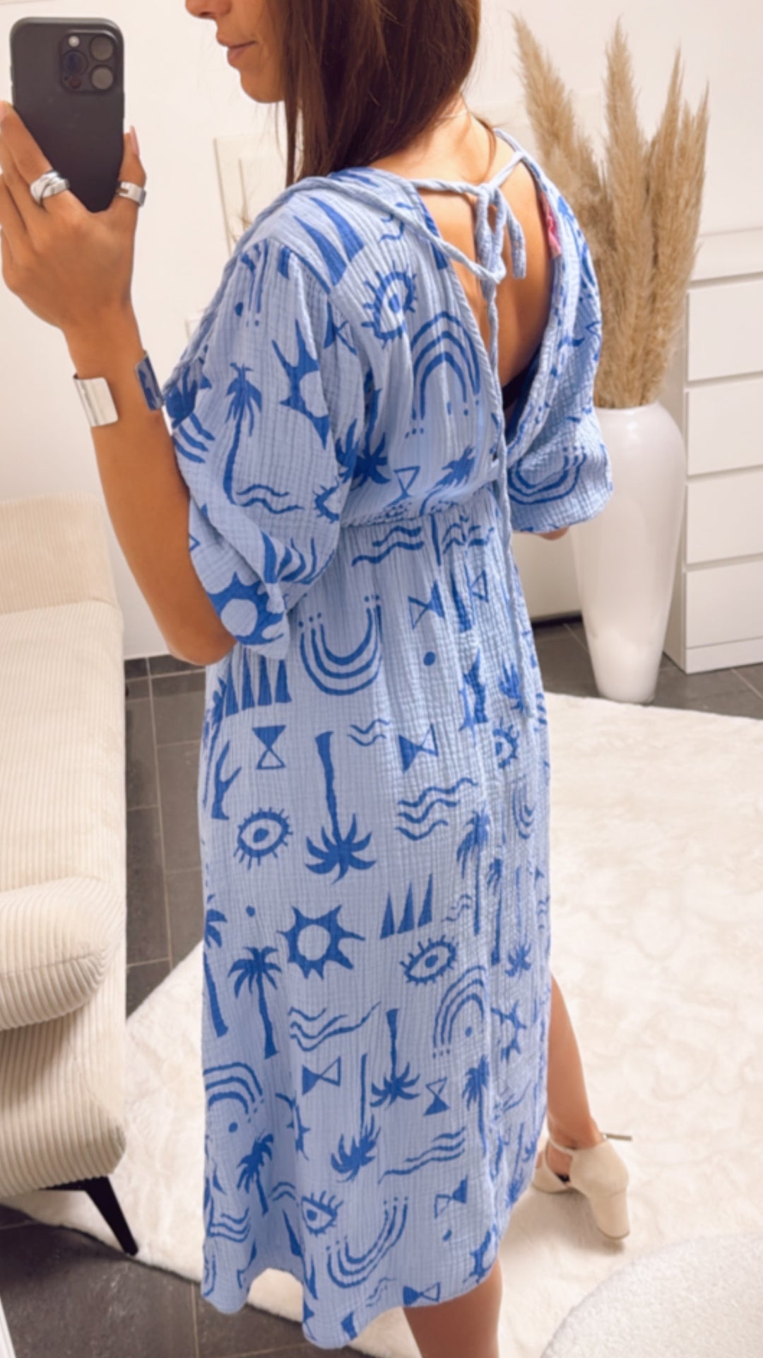 (Midi-) Musselin Kleid mit Palmen / blau Art. 9390