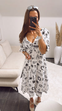 (Midi-) Musselin Kleid mit Palmen / weiss - schwarz Art. 9392