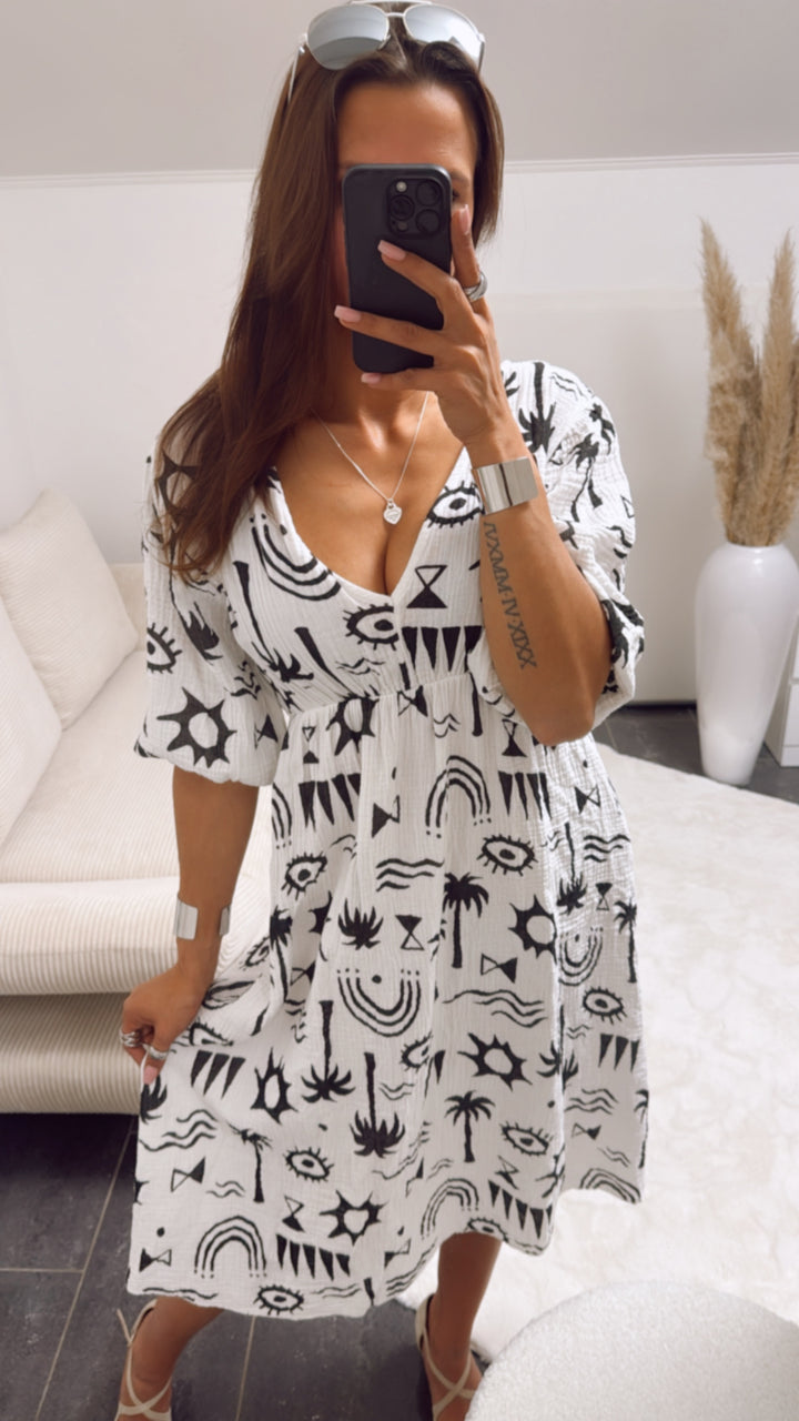 (Midi-) Musselin Kleid mit Palmen / weiss - schwarz Art. 9392