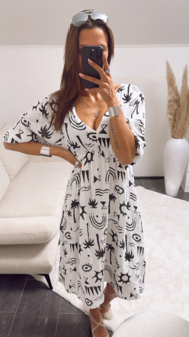 (Midi-) Musselin Kleid mit Palmen / weiss - schwarz Art. 9392