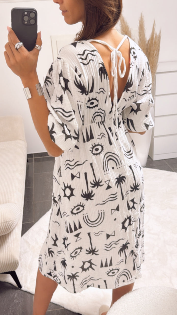 (Midi-) Musselin Kleid mit Palmen / weiss - schwarz Art. 9392