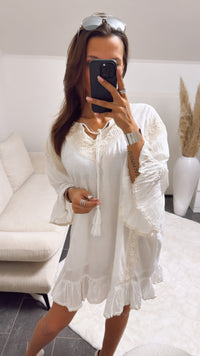 dünne Tunika mit gehäkelten Boho Akzenten / weiss - beige Art. 9317