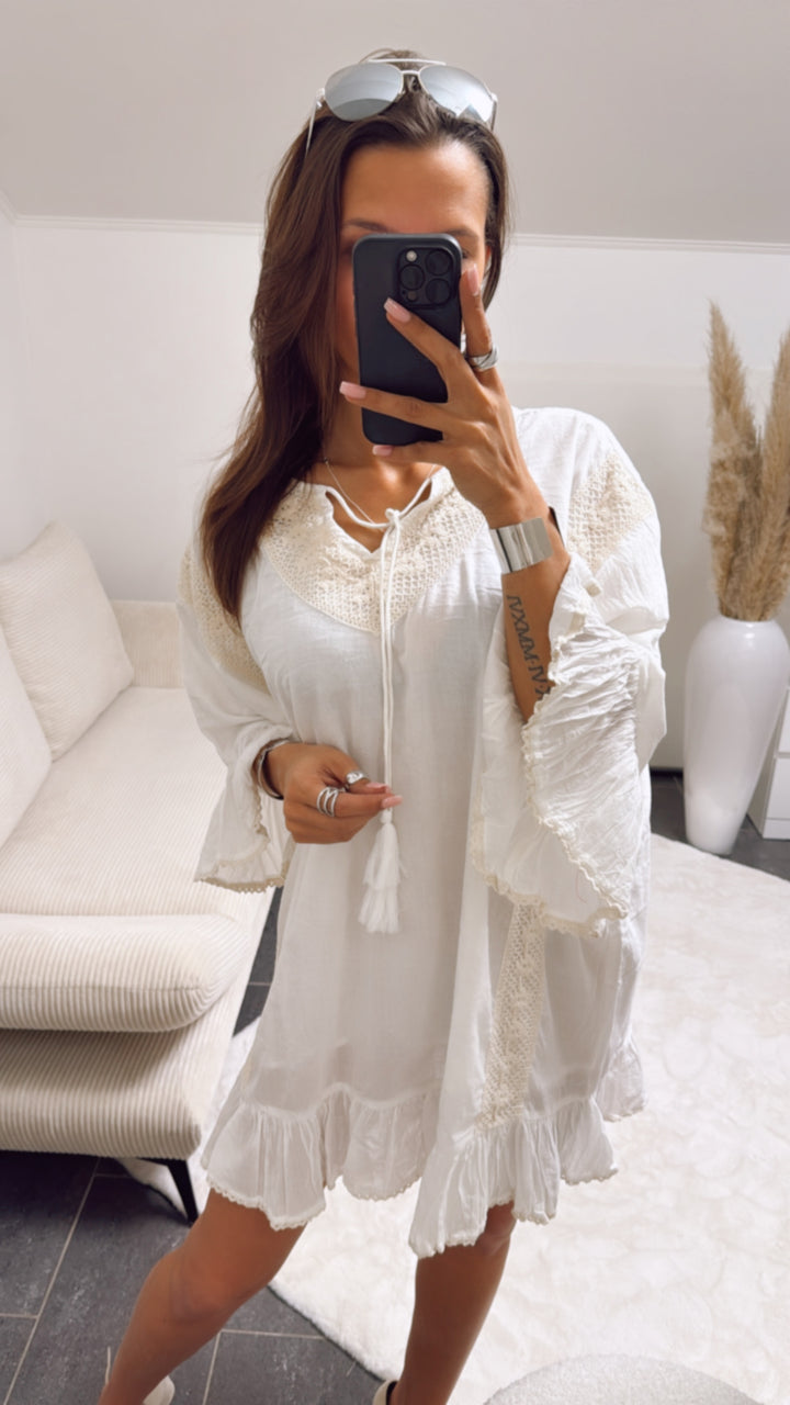 dünne Tunika mit gehäkelten Boho Akzenten / weiss - beige Art. 9317