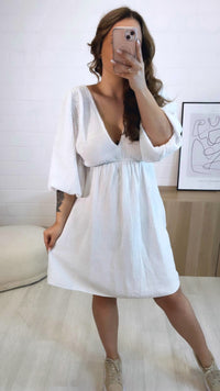 (Midi-) Musselin Kleid, V-Ausschnitt / weiss Art. 9461