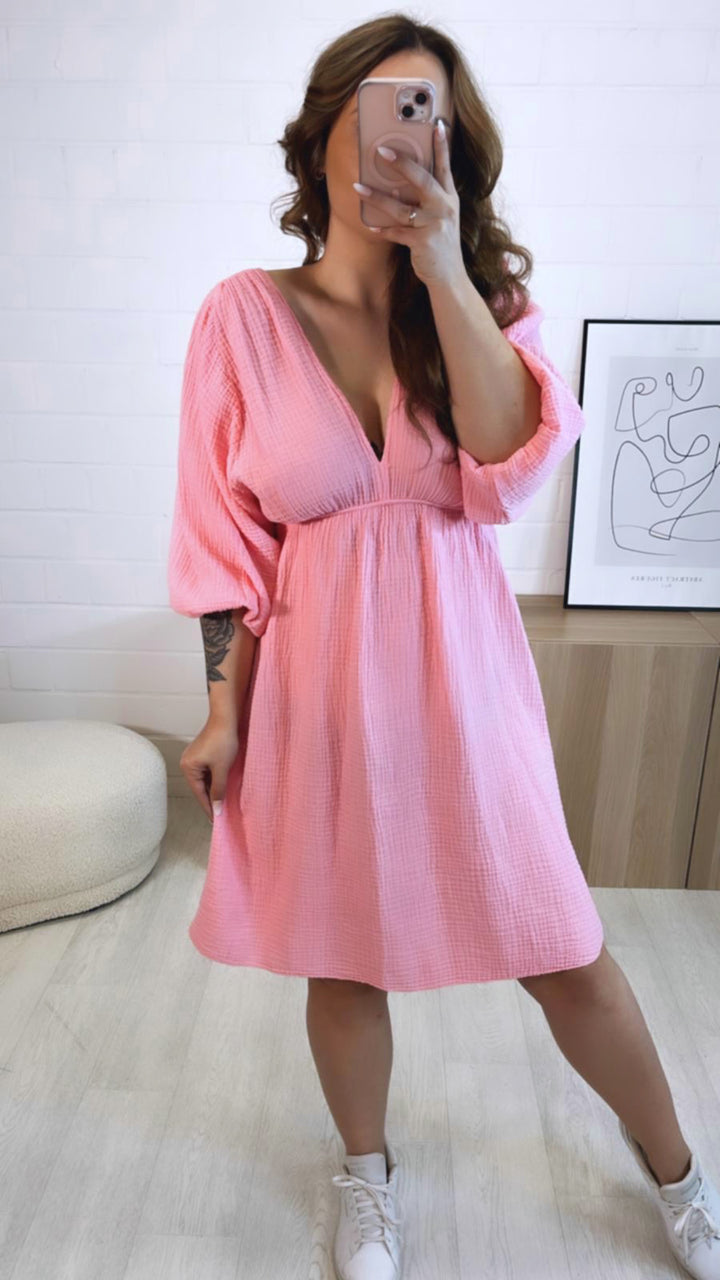 (Midi-) Musselin Kleid, V-Ausschnitt / soft pink Art. 9459