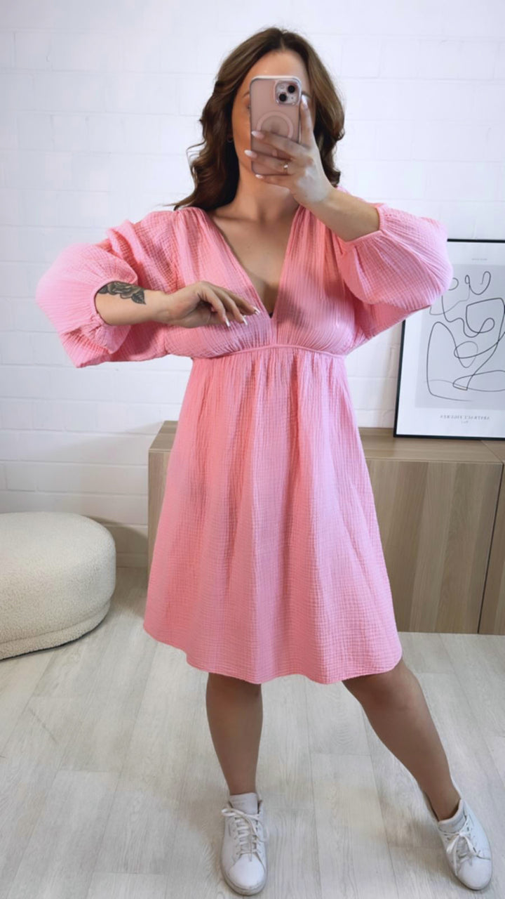 (Midi-) Musselin Kleid, V-Ausschnitt / soft pink Art. 9459