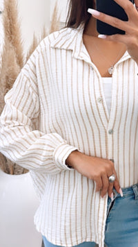 KURZE Oversize Musselin Bluse mit Streifen / weiss - beige Art. 5733