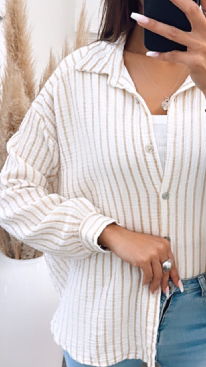 KURZE Oversize Musselin Bluse mit Streifen / weiss - beige Art. 5733