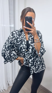 3/4-ÄRMEL MUSTER Viskose - Leinen Bluse / weiss - schwartz Art. 14024