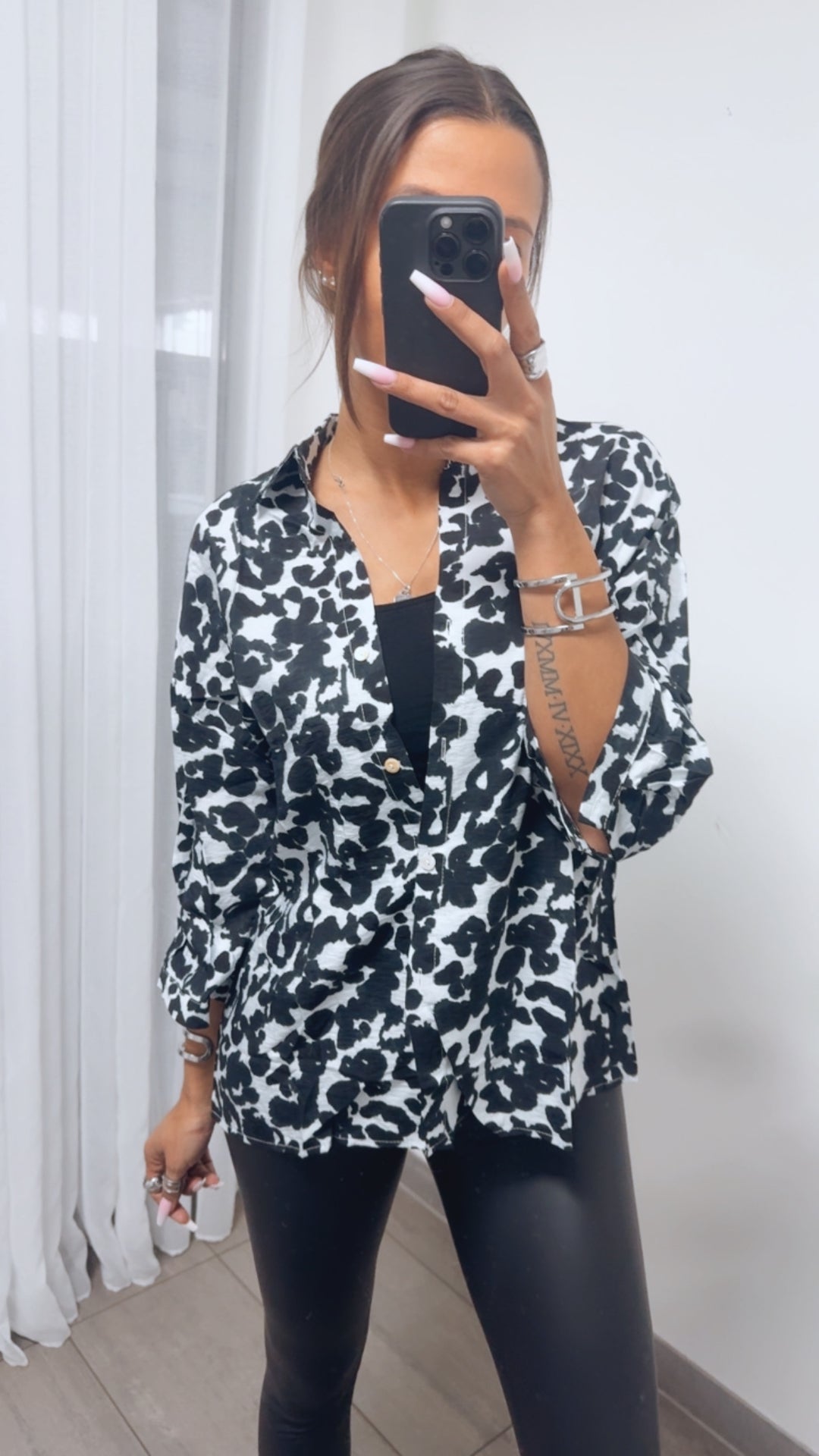 3/4-ÄRMEL MUSTER Viskose - Leinen Bluse / weiss - schwartz Art. 14024