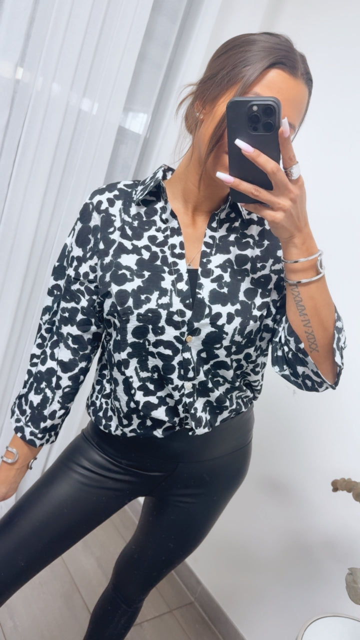 3/4-ÄRMEL MUSTER Viskose - Leinen Bluse / weiss - schwartz Art. 14024