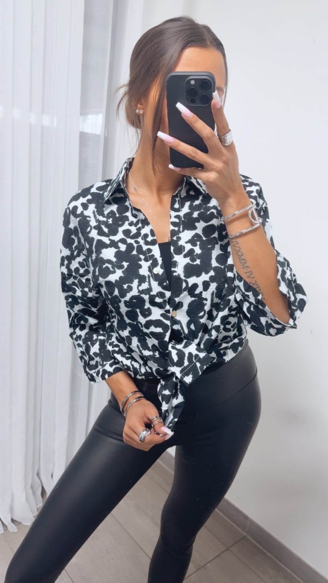 3/4-ÄRMEL MUSTER Viskose - Leinen Bluse / weiss - schwartz Art. 14024